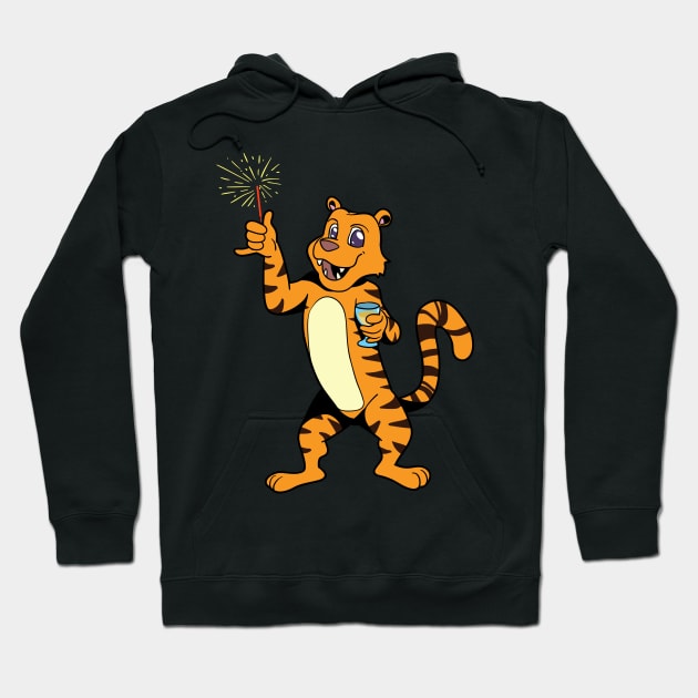 Tiger with Champagne and Sparkler - Happy new year Hoodie by Modern Medieval Design